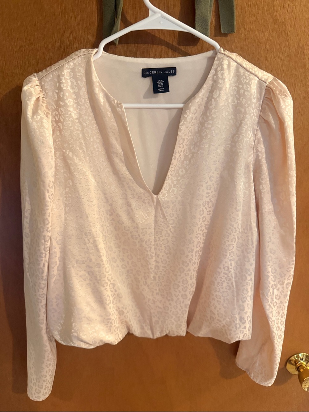 Sincerely Jules Light Blush Satin Leopard V-Neck Blouse